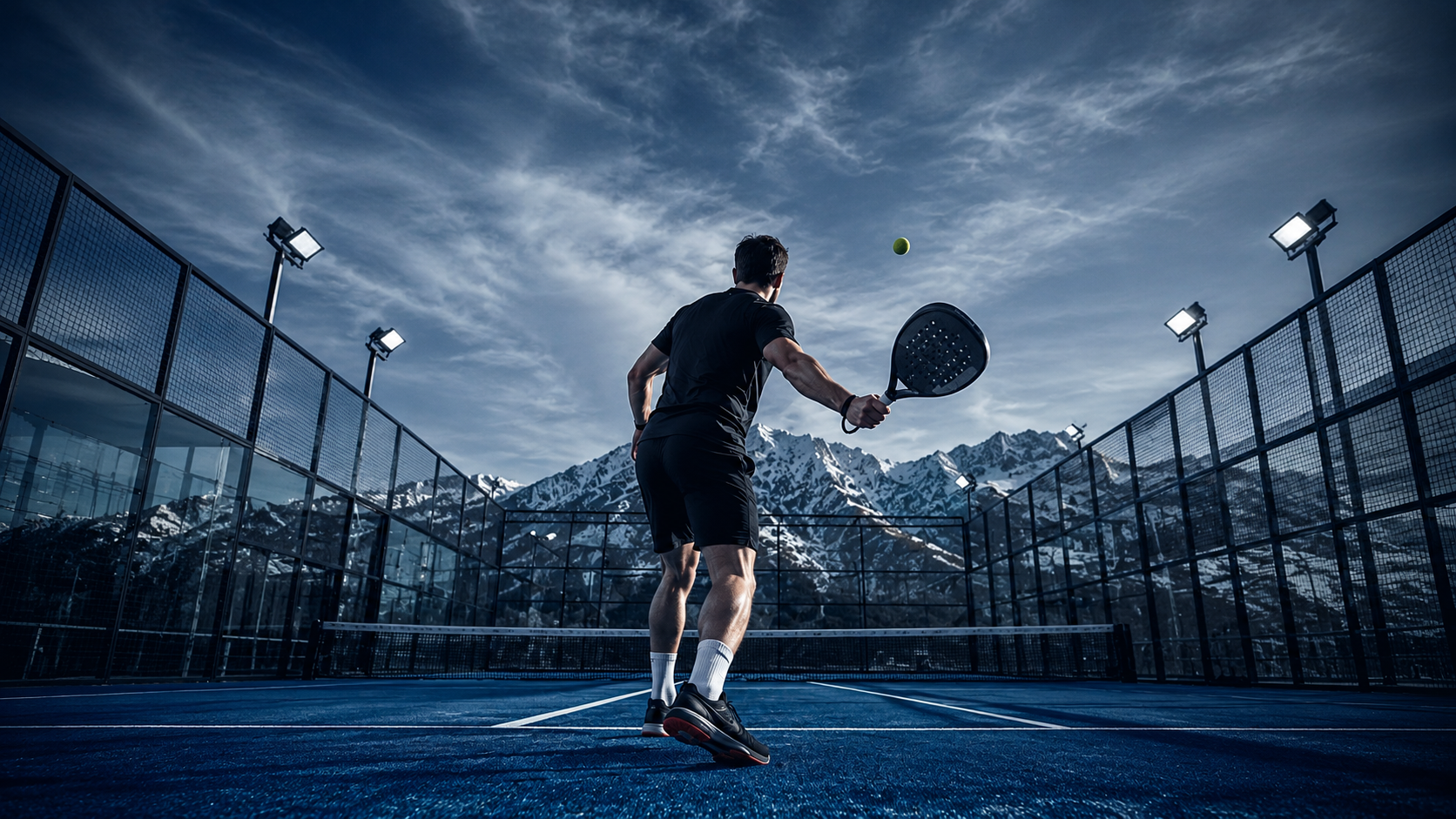 Padel player on court with mountain backdrop